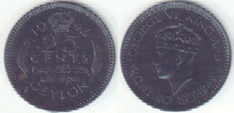 1943 Ceylon 25 Cents (gEF) A008130